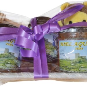 Cesta Regalo Selección Apícola (3 Mieles 250 g, Vela León, Caramelos, Peluche y Cuchara)